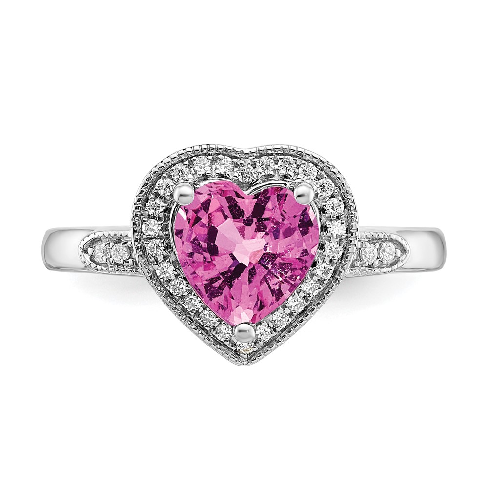 14k White Gold Heart Created Pink Sapphire and Diamond Halo Ring (RM4398-CPS-012-WA)