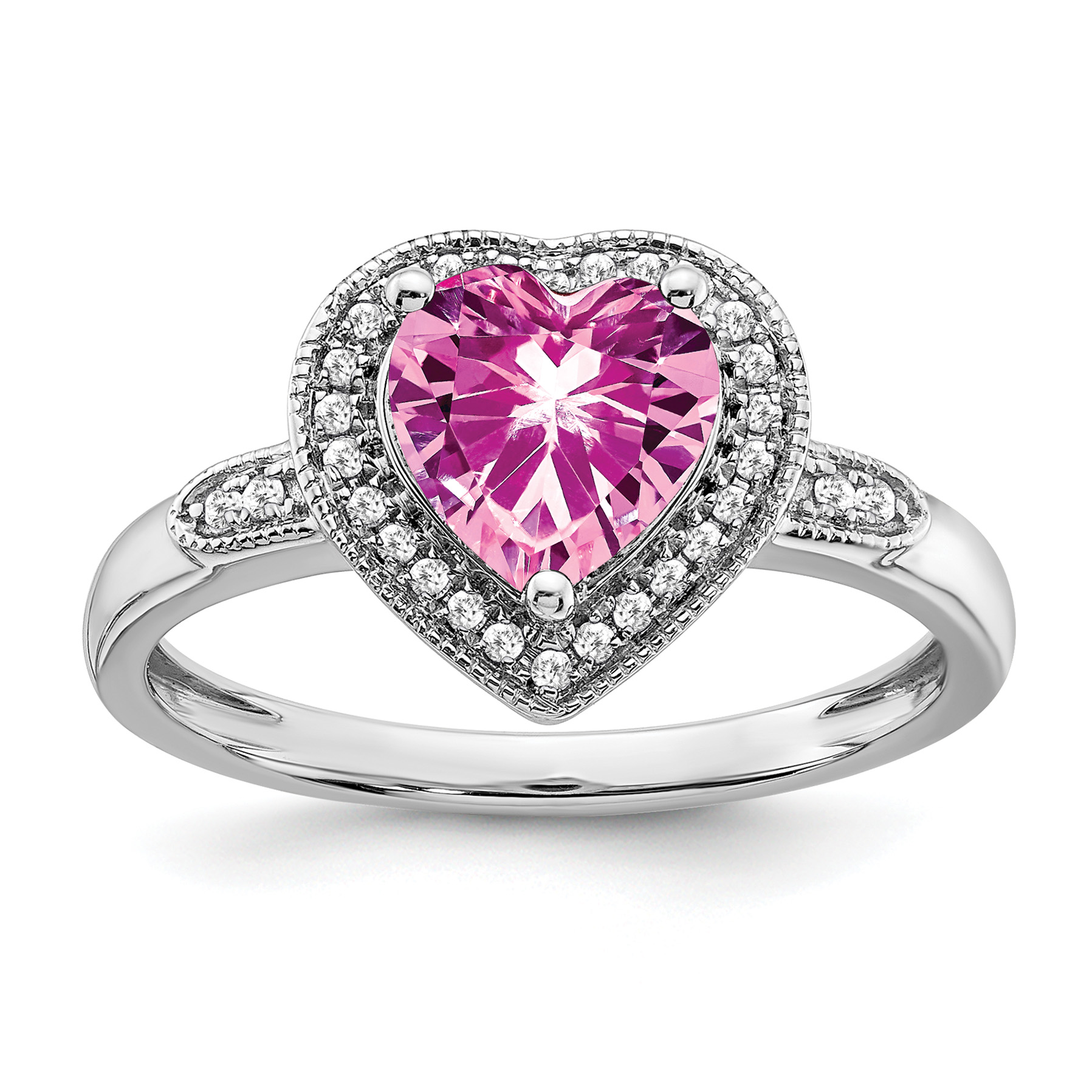 14k White Gold Heart Created Pink Sapphire and Diamond Halo Ring (RM4398-CPS-012-WA)