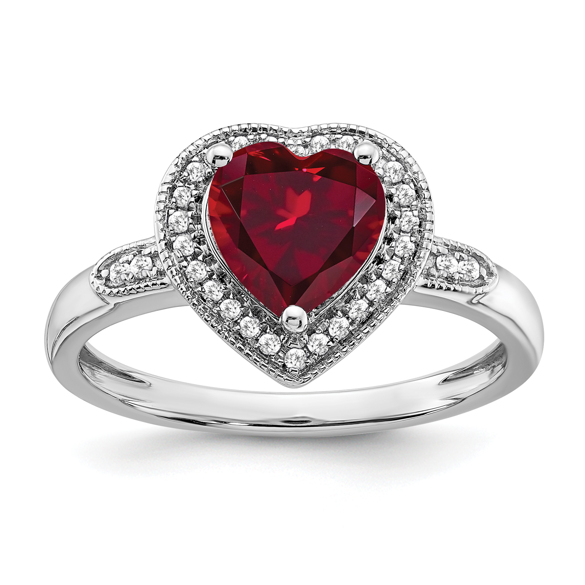 14k White Gold Heart Created Ruby and Diamond Halo Ring (RM4398-RU-012-WA)