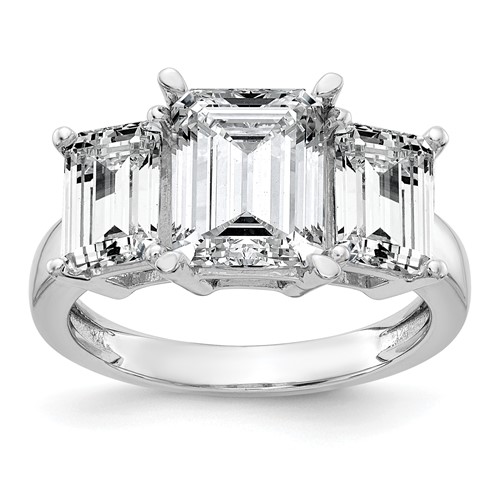 14K White Gold 4.20 Carat Lab Grown Diamond VS+ F+ Emerald Complete Three Stone Engagement Ring