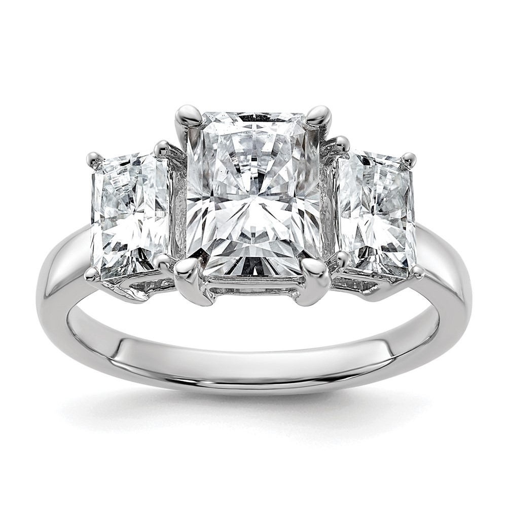 14K White Gold 1.38 Carat Lab Grown Diamond VS+ F+ 1.50 Carat Radiant Center Semi Mount Three Stone Engagement Ring