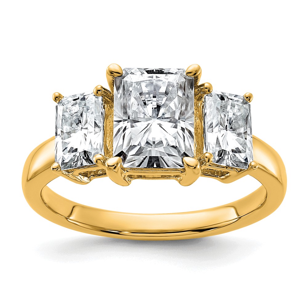 14K Yellow Gold 1.38 Carat Lab Grown Diamond VS+ F+ 1.50 Carat Radiant Center Semi Mount Three Stone Engagement Ring