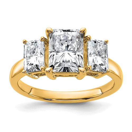 14K Yellow Gold 1.38 Carat Lab Grown Diamond VS+ F+ 1.50 Carat Radiant Center Semi Mount Three Stone Engagement Ring