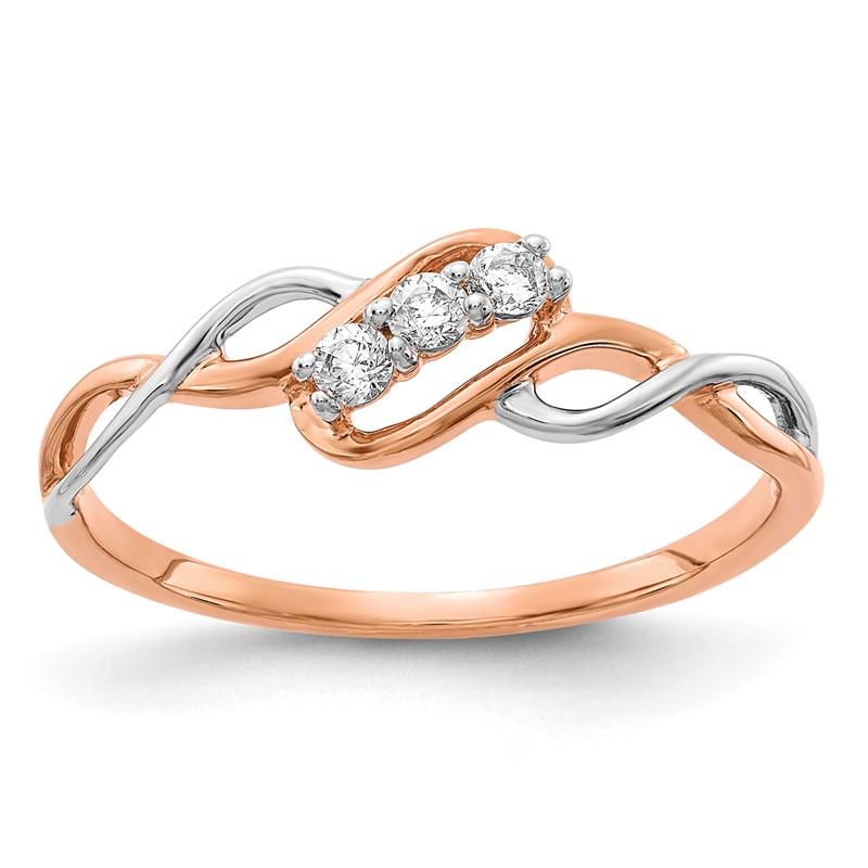 14k Two-Tone Rose and White Gold 1/6 carat Lab Grown Diamond VS/SI+ G+ Complete Three Stone Twist Ring