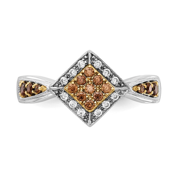 14k White Gold with Yellow Rhodium 1/3 carat White and Champagne Diamond Cluster Square Halo Ring