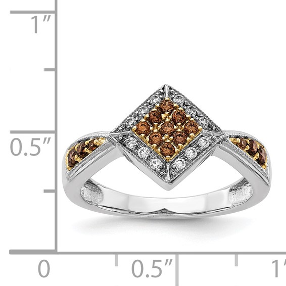 14k White Gold with Yellow Rhodium 1/3 carat White and Champagne Diamond Cluster Square Halo Ring