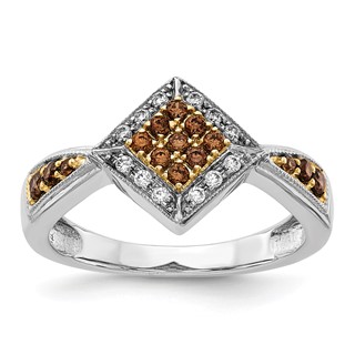 14k White Gold with Yellow Rhodium 1/3 carat White and Champagne Diamond Cluster Square Halo Ring
