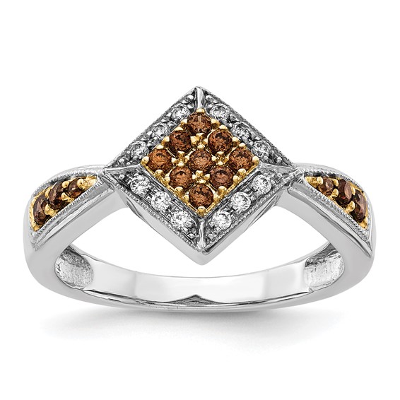 14k White Gold with Yellow Rhodium 1/3 carat White and Champagne Diamond Cluster Square Halo Ring