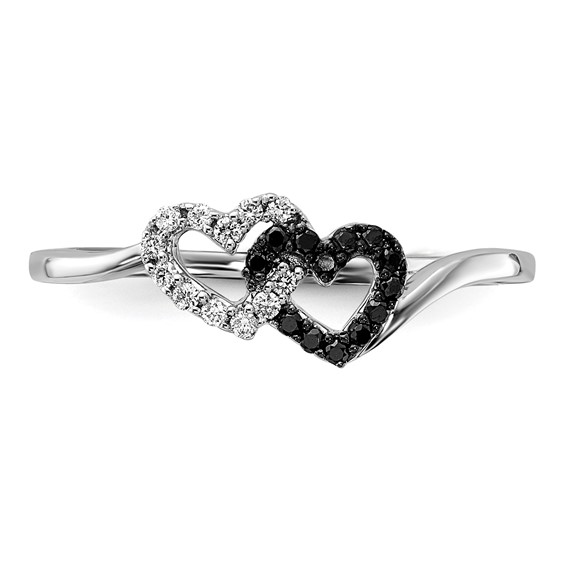 14k White Gold 1/10 carat Black and White Diamond Double Heart Ring