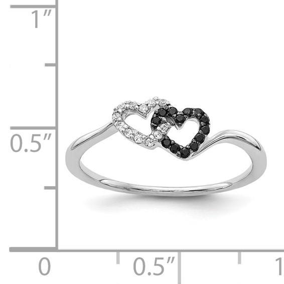 14k White Gold 1/10 carat Black and White Diamond Double Heart Ring
