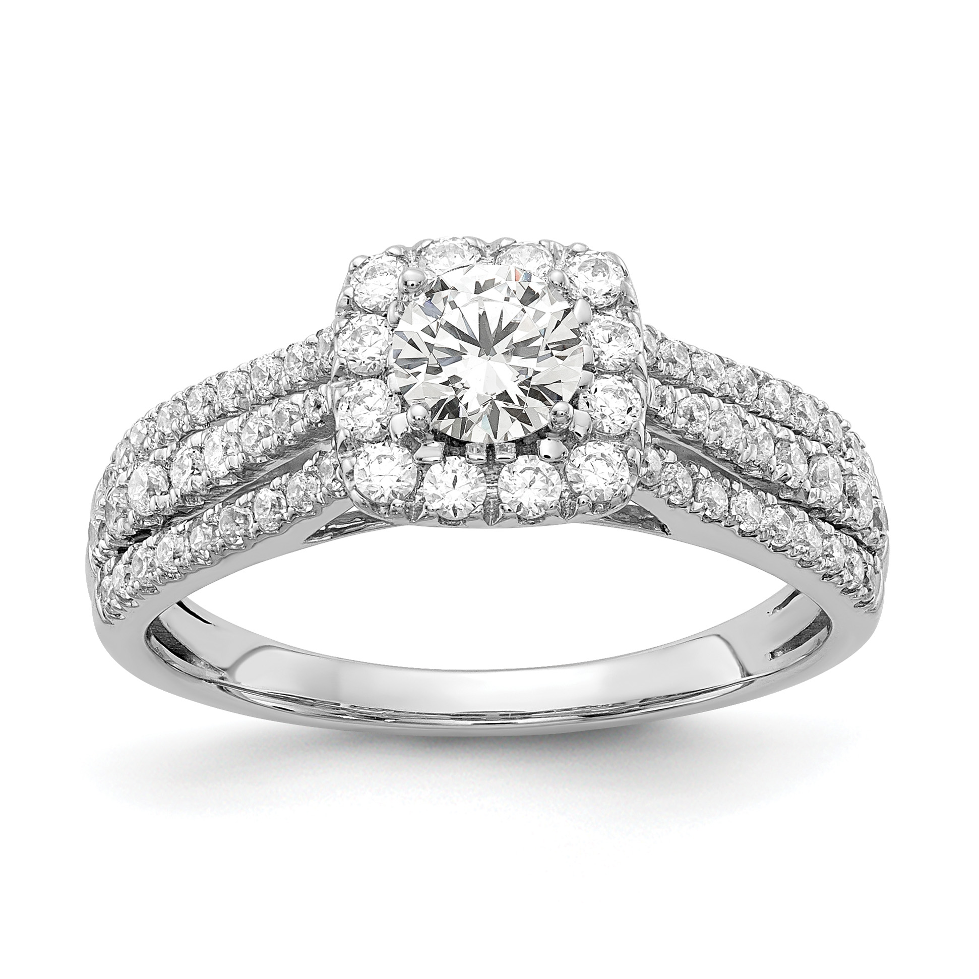 14k White Gold 1 carat Lab Grown Diamond VS/SI+ G+ Round Complete Halo Engagement Ring (RM5719E-040-CWLG)