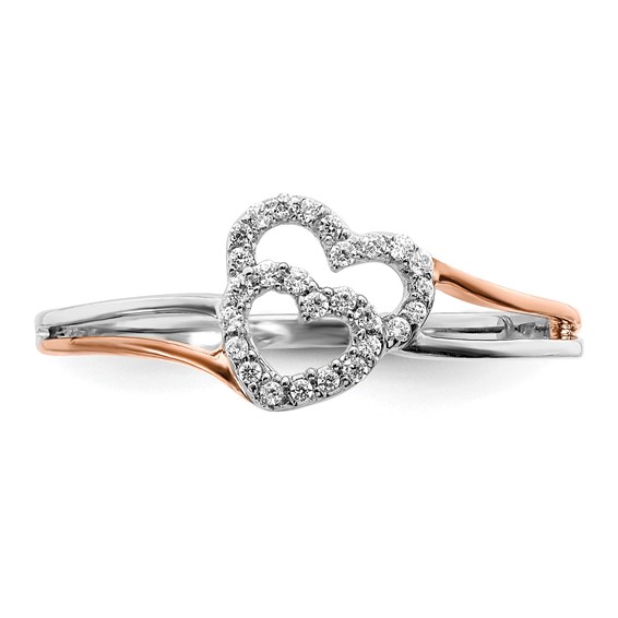 14k White and Rose Gold 1/10 carat Diamond Polished Double Heart Ring