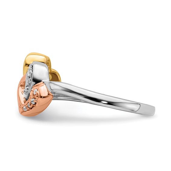 14k Tri-color 1/15 carat Diamond Triple Heart Ring