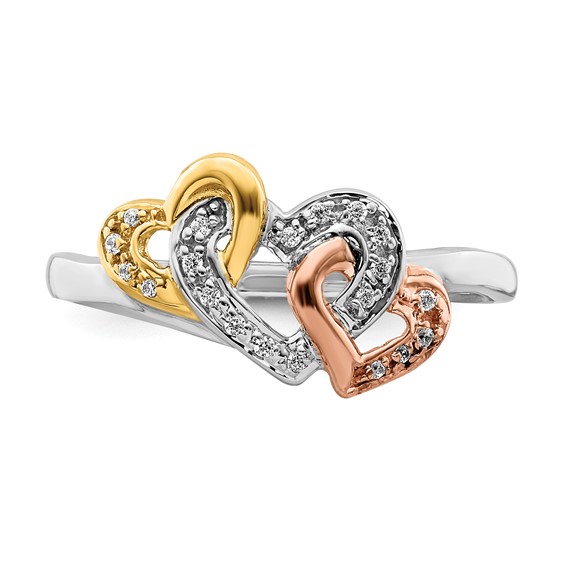 14k Tri-color 1/15 carat Diamond Triple Heart Ring