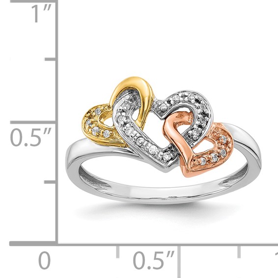 14k Tri-color 1/15 carat Diamond Triple Heart Ring