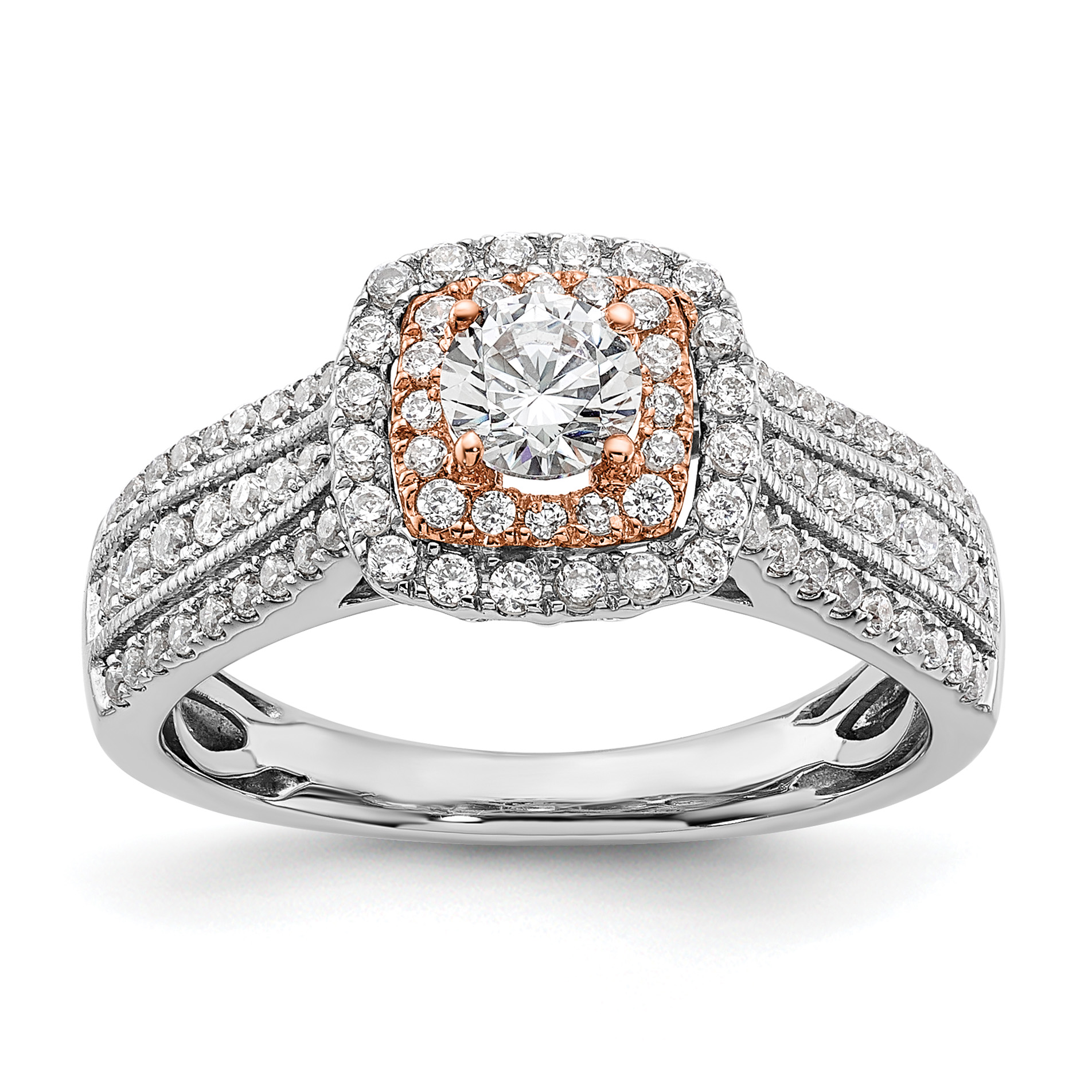 14k Two-tone Rose and White Gold 7/8 carat Lab Grown Diamond VS/SI+ G+ Round Complete Fancy Halo Engagement Ring (RM5741E-033-CWRLG)