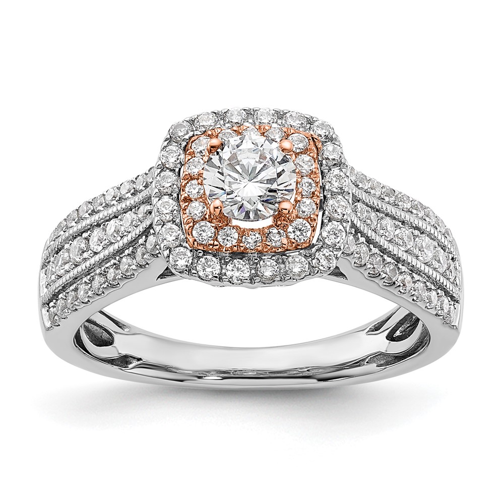 14k Two-tone Rose and White Gold 7/8 carat Lab Grown Diamond VS/SI+ G+ Round Complete Fancy Halo Engagement Ring (RM5741E-033-CWRLG)