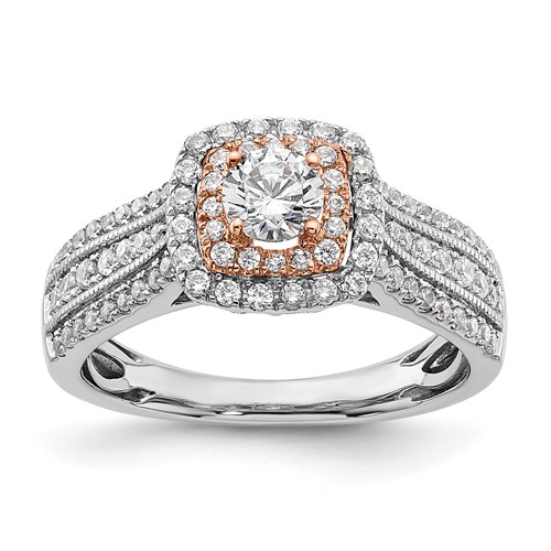 14K Two-tone Rose and White Gold 0.88 Carat Lab Grown Diamond VS SI+ G+ Round Complete Fancy Halo Engagement Ring