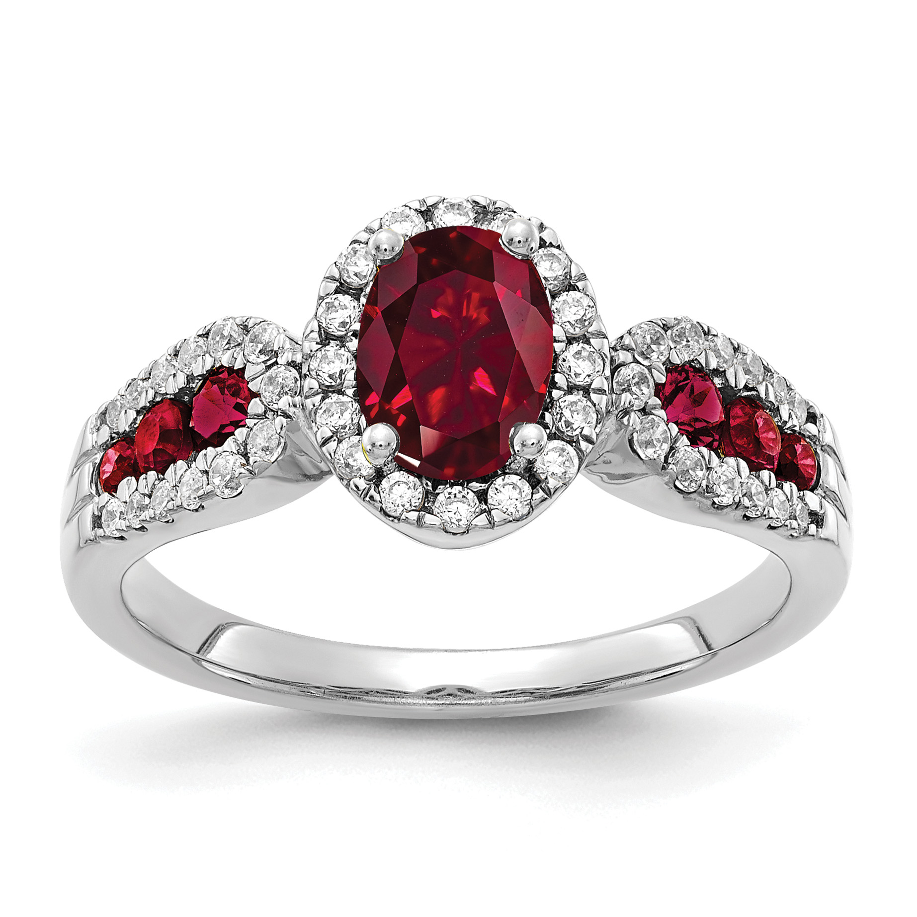 14k White Gold 1/3 carat Lab Grown Diamond VS/SI+ G+ and Oval Lab Created Ruby Ring (RM5745-CRU-033-WLG)