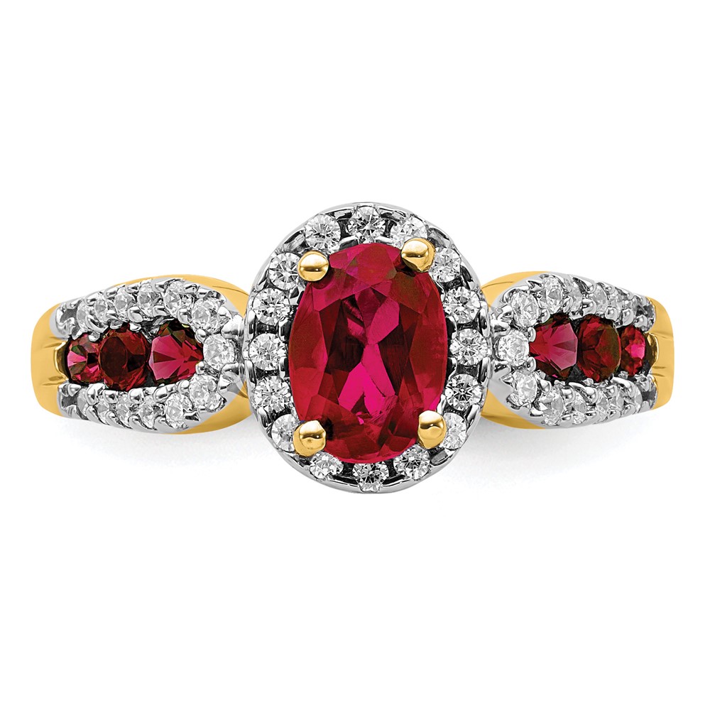 14k 1/3 carat Lab Grown Diamond VS/SI+ G+ and Oval Lab Created Ruby Ring (RM5745-CRU-033-YLG)