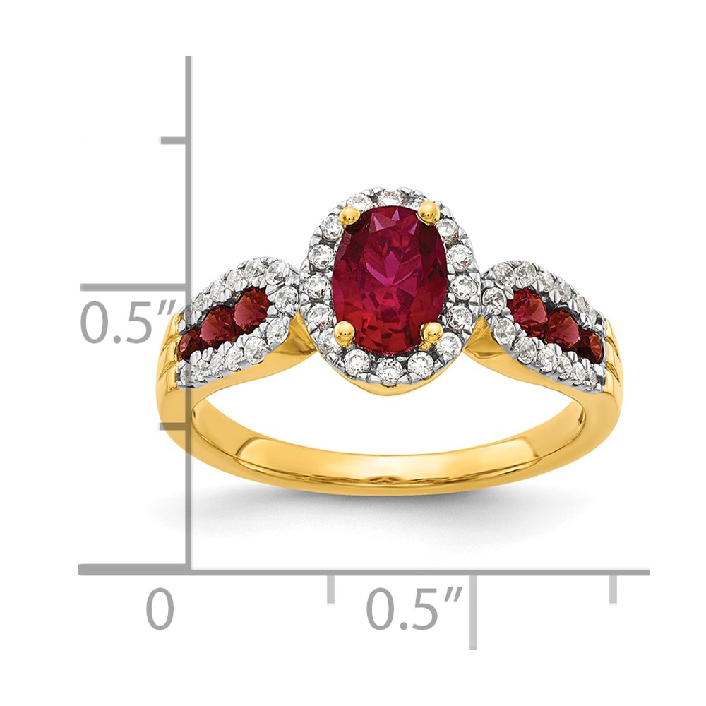 14k 1/3 carat Lab Grown Diamond VS/SI+ G+ and Oval Lab Created Ruby Ring (RM5745-CRU-033-YLG)