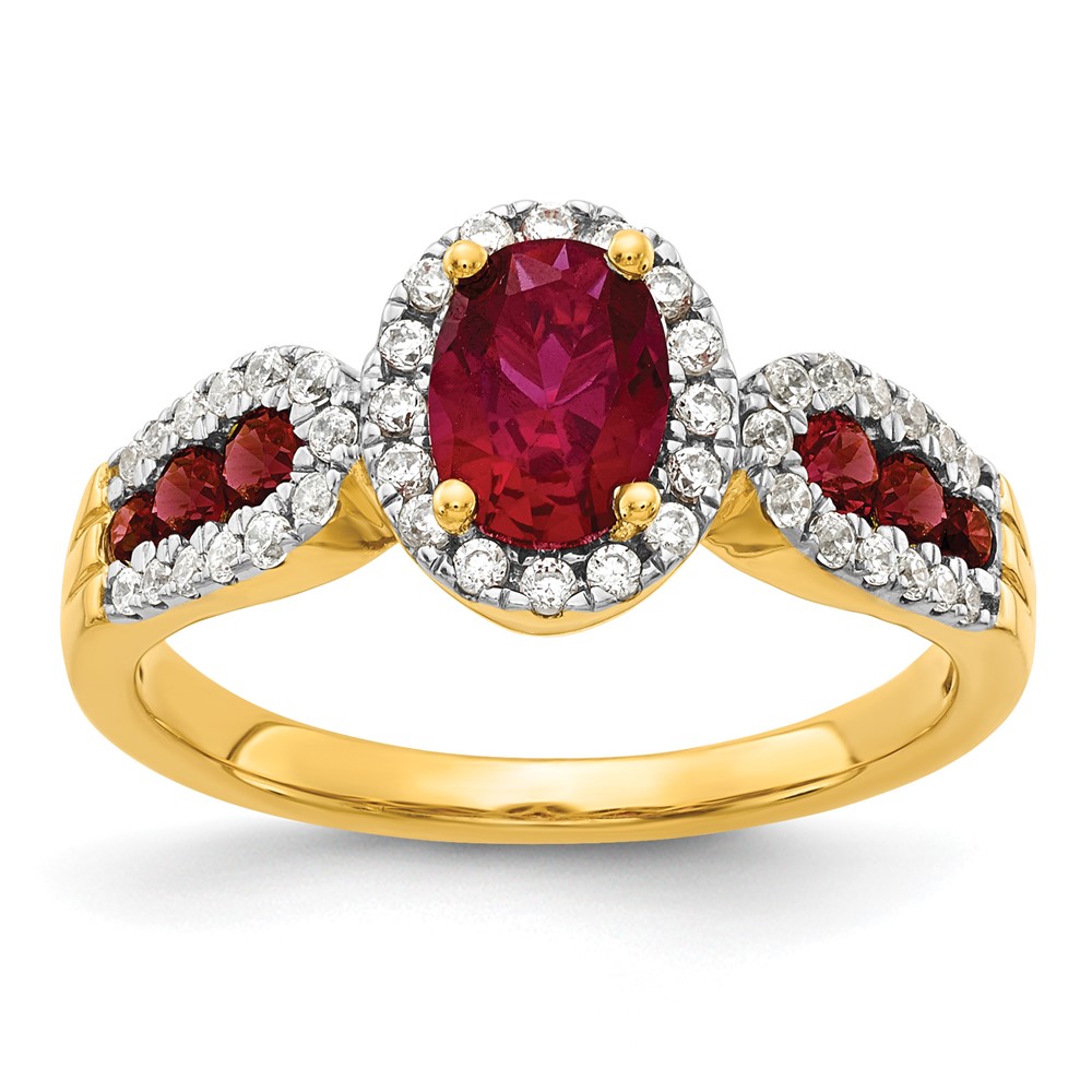 14K Yellow Gold 0.33 Carat Lab Grown Diamond VS SI+ G+ and Oval Lab Created Ruby Complete Ring