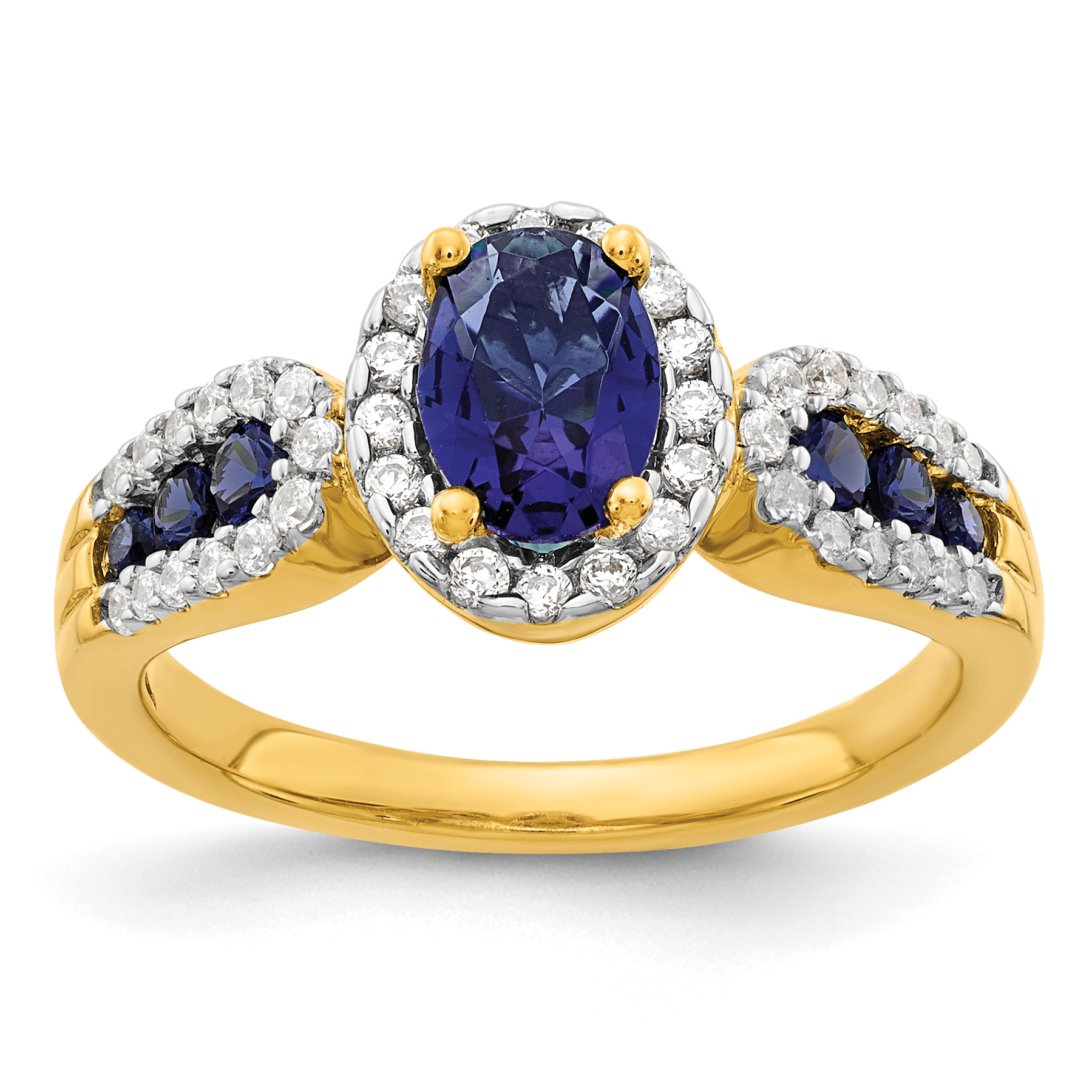 14k 1/3 carat Lab Grown Diamond VS/SI+ G+ and Oval Lab Created Blue Sapphire Ring (RM5745-CSA-033-YLG)