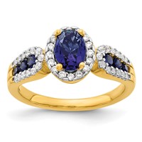 14K Yellow Gold 0.33 Carat Lab Grown Diamond VS SI+ G+ and Oval Lab Created Blue Sapphire Complete Ring view 1