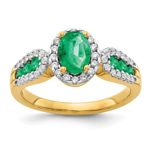 14K Yellow Gold 0.33 Carat Lab Grown Diamond VS SI+ G+ and Oval Lab Created Emerald Complete Ring