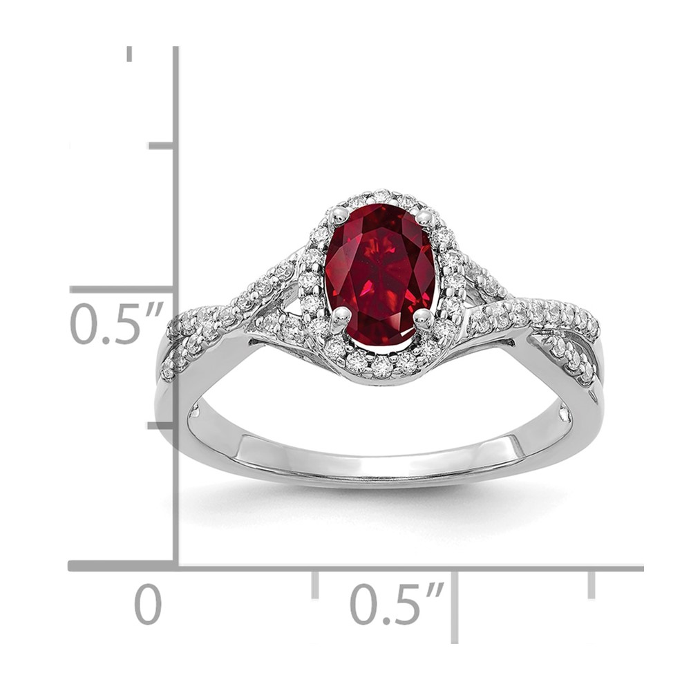 14k White Gold 1/5 carat Lab Grown Diamond VS/SI+ G+ and Lab Created Ruby Oval Halo Ring (RM5759-CRU-020-WLG)