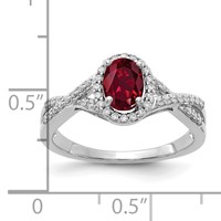 14K White Gold 0.20 Carat Lab Grown Diamond VS SI+ G+ and Lab Created Ruby Oval Complete Halo Ring view 5