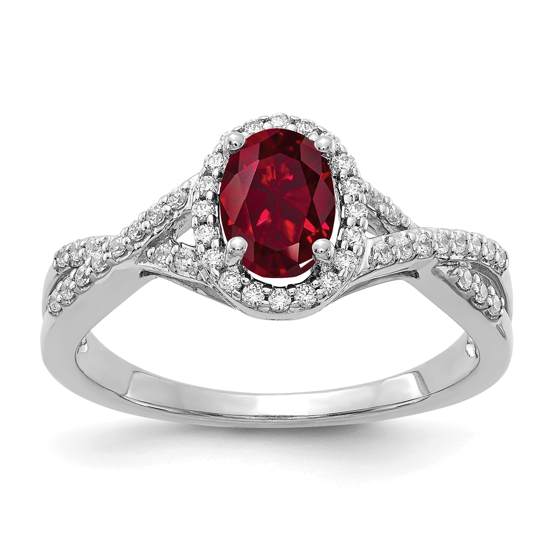 14k White Gold 1/5 carat Lab Grown Diamond VS/SI+ G+ and Lab Created Ruby Oval Halo Ring (RM5759-CRU-020-WLG)