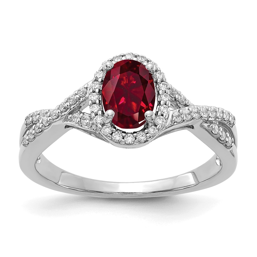 14k White Gold 1/5 carat Lab Grown Diamond VS/SI+ G+ and Lab Created Ruby Oval Halo Ring (RM5759-CRU-020-WLG)