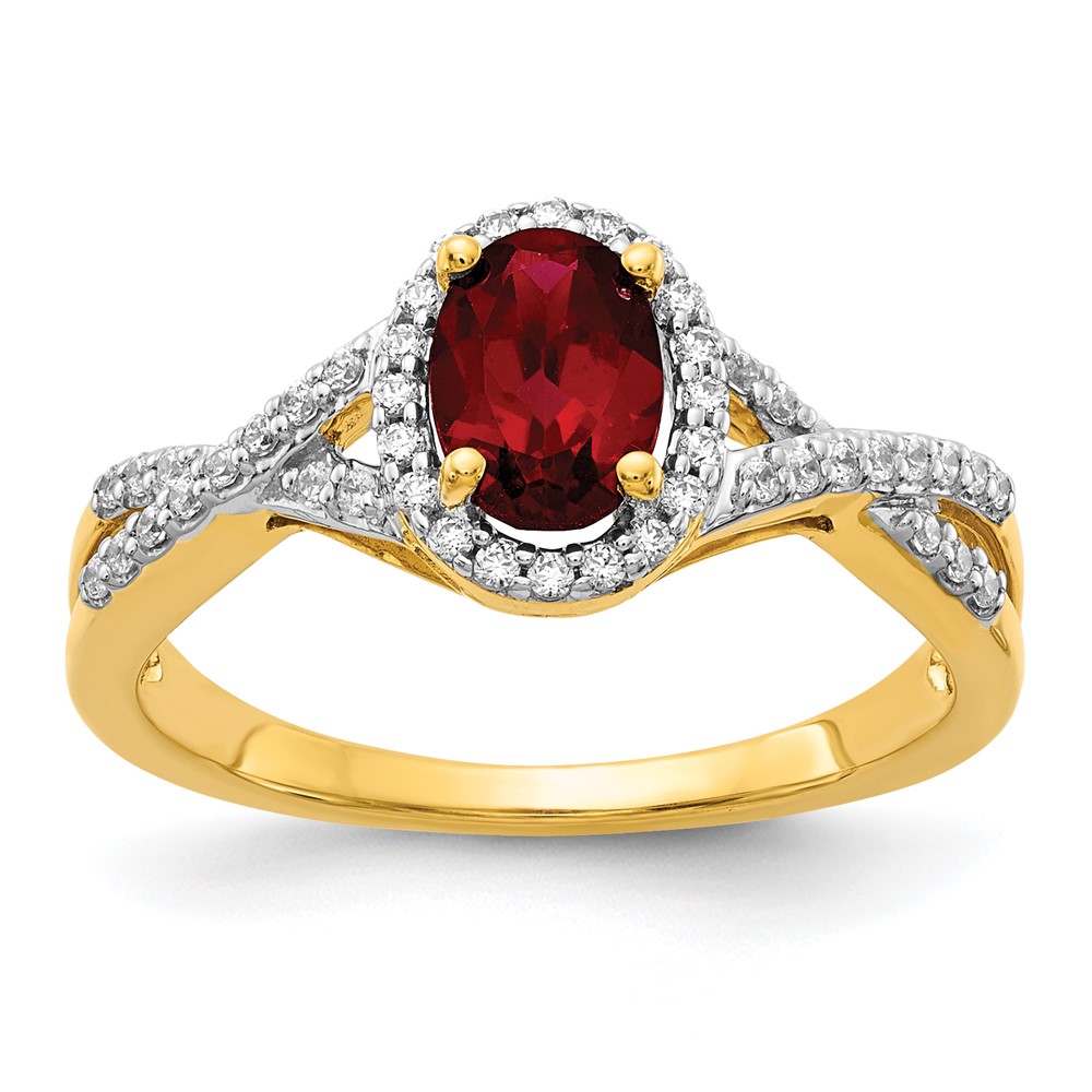 14K Yellow Gold 0.20 Carat Lab Grown Diamond VS SI+ G+ and Lab Created Ruby Oval Complete Halo Ring