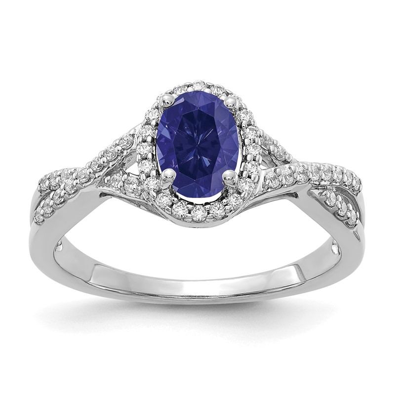 14k White Gold 1/5 carat Lab Grown Diamond VS/SI+ G+ and Lab Created Blue Sapphire Oval Halo Ring