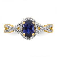 14K Yellow Gold 0.20 Carat Lab Grown Diamond VS SI+ G+ and Lab Created Blue Sapphire Oval Complete Halo Ring view 4
