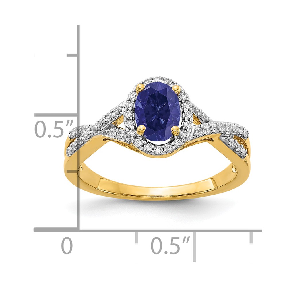 14k 1/5 carat Lab Grown Diamond VS/SI+ G+ and Lab Created Blue Sapphire Oval Halo Ring (RM5759-CSA-020-YLG)