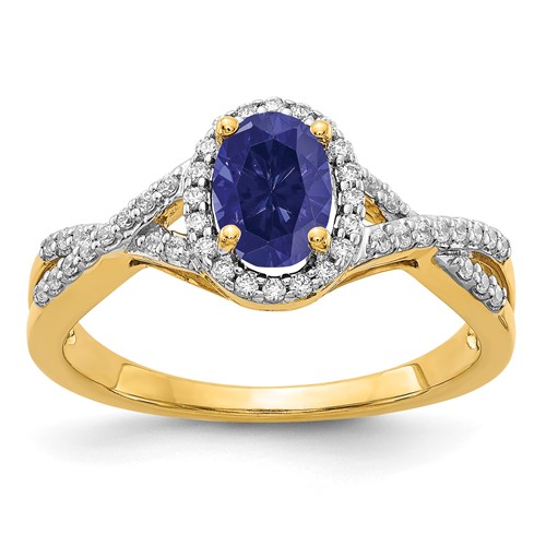 14K Yellow Gold 0.20 Carat Lab Grown Diamond VS SI+ G+ and Lab Created Blue Sapphire Oval Complete Halo Ring