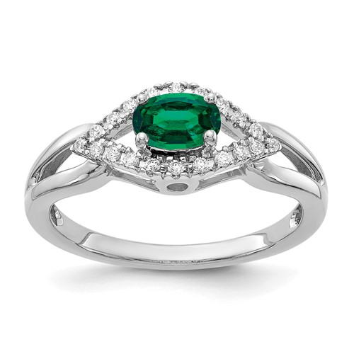 14K White Gold 0.10 Carat Lab Grown Diamond VS SI+ G+ and Lab Created Emerald Complete Ring