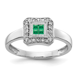 14k White Gold Square Design Gemstone and Diamond Ring                      