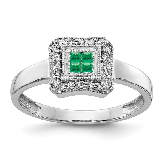14k White Gold Square Design Gemstone and Diamond Ring                      