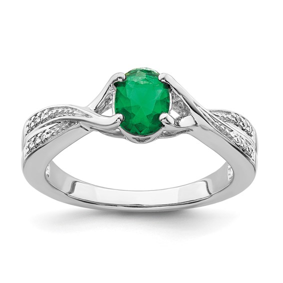 14k White Gold 7x5mm Oval Emerald and 1/15 carat Diamond Ring
