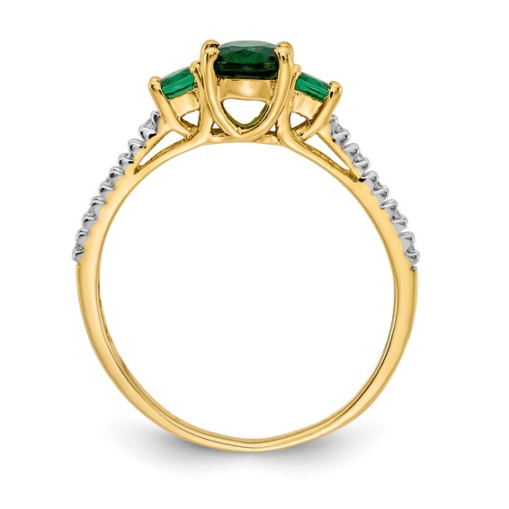 14k Oval Emerald and 1/20 carat Diamond 3-Stone Ring