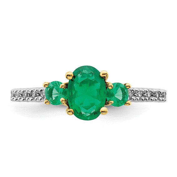 14k Oval Emerald and 1/20 carat Diamond 3-Stone Ring