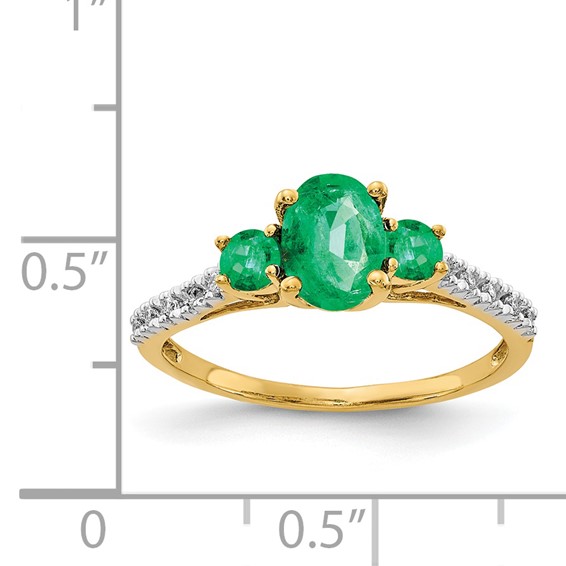 14k Oval Emerald and 1/20 carat Diamond 3-Stone Ring