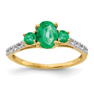 14k Oval Emerald and 1/20 carat Diamond 3-Stone Ring