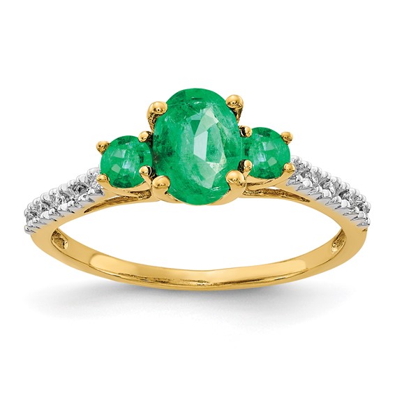 14k Oval Emerald and 1/20 carat Diamond 3-Stone Ring