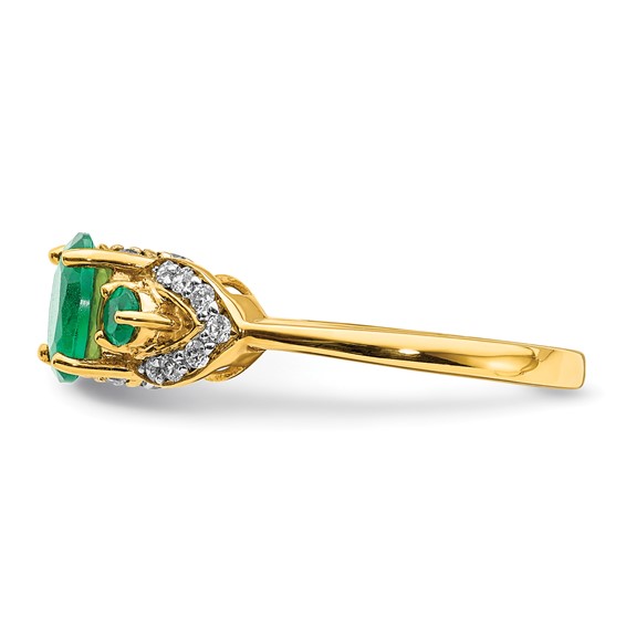 14k Oval Emerald and 1/5 carat Diamond 3-Stone Ring