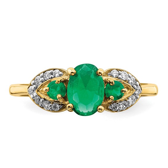 14k Oval Emerald and 1/5 carat Diamond 3-Stone Ring
