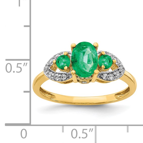 14k Oval Emerald and 1/5 carat Diamond 3-Stone Ring